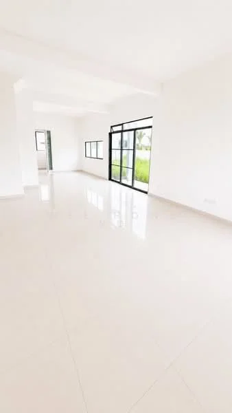 Room features: white painted walls, polished ceramic tile flooring, high ceiling, floor-to-ceiling windows, sliding glass door, natural light, open layout, view of greenery; style: modern; view: garden.