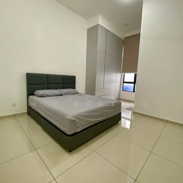 Bedroom features: king-size bed with grey upholstered headboard, grey bedding, built-in wardrobe with sliding doors, white painted walls, glossy tile flooring, floor-to-ceiling window, roller blinds, neutral color scheme; style: modern.