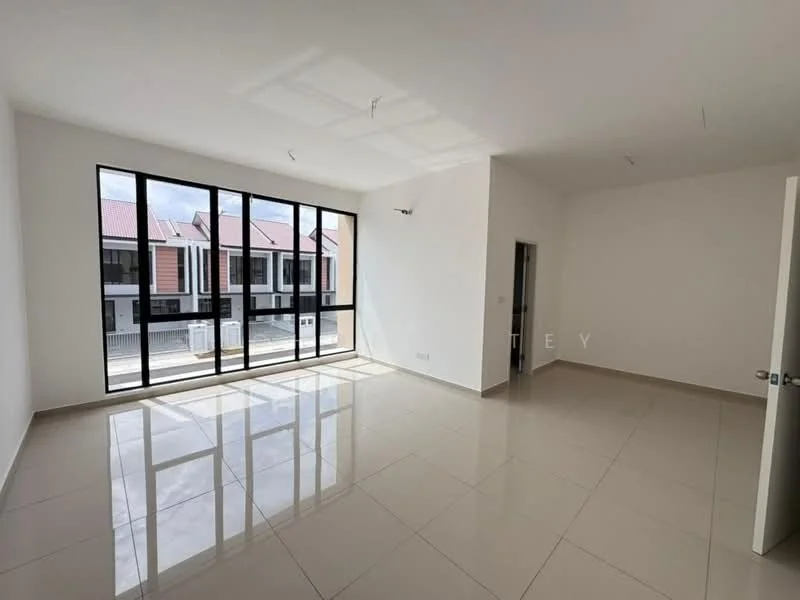 Living features: large floor-to-ceiling windows, white painted walls, glossy ceramic tile flooring, recessed downlights, neutral color scheme, open layout, no visible furniture, natural light flooding the space; style: modern; view: street.