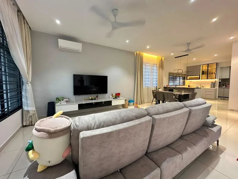 Living features: grey fabric sectional sofa, wall-mounted TV, white TV console, recessed LED downlights, ceiling fan, large windows with black frames, sheer curtains, white tiled flooring, decorative wall with grey paint, open-plan layout to dining area, decorative items on console; style: modern.