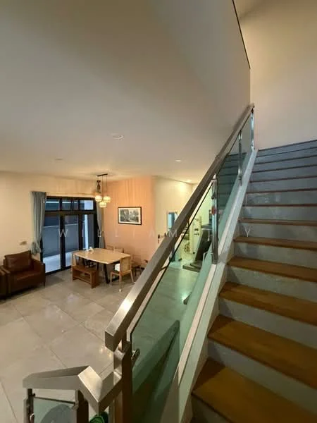 Living features: large windows, grey tiled flooring, white painted walls, ceiling lights, sofa in brown leather, wooden dining table, 4 dining chairs, decorative wall art, staircase with wooden steps and glass railing; style: modern. Room features: white painted walls, ceiling lights.