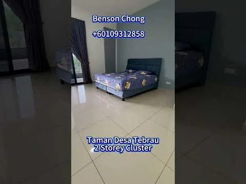 Bedroom features: queen-size bed with blue upholstered headboard, bedding with cartoon pattern, floor-to-ceiling windows, grey curtains, white painted walls, glossy tile flooring, built-in wardrobe, ceiling light fixture; style: modern.