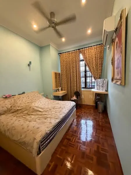 Bedroom features: king-size bed with patterned bedding, wooden flooring, light blue painted walls, ceiling fan with light, window with sheer curtains, dressing table, chair, wall-mounted air conditioning unit, decorative framed artwork, built-in wardrobe; style: modern.