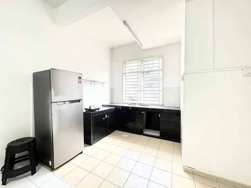 Kitchen features: black cabinetry, white tiled backsplash, stainless-steel fridge, single-bowl stainless-steel sink, black countertop, window with horizontal slats, tile flooring, stool, built-in stove, wall-mounted light fixture; style: modern.