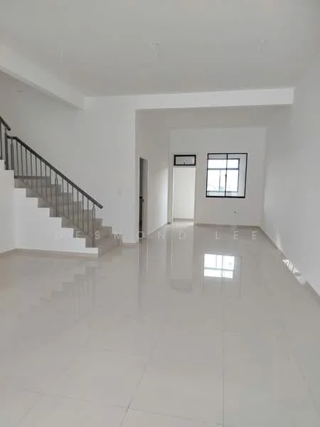 Room features: white painted walls, glossy ceramic tile flooring, staircase with metal railing, large window, doorway leading to another room, open layout, high ceiling, neutral color scheme; style: modern.