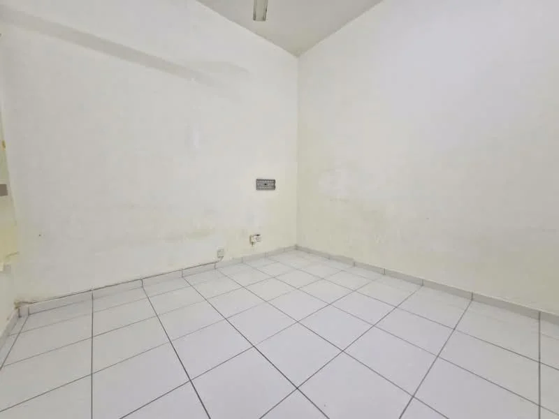 Room features: white painted walls, white tiled flooring, single light fixture on ceiling.
