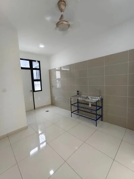 Laundry features: white painted walls, cream tiled walls, glossy floor tiles, ceiling fan, window with black frame, stainless-steel sink, metal drying rack, plumbing fixtures, light fixture in ceiling; style: modern.