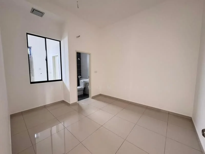 Room features: white painted walls, tile flooring, large window, doorway leading to bathroom, neutral color scheme, high ceiling, no visible furniture, minimalist design; style: modern.