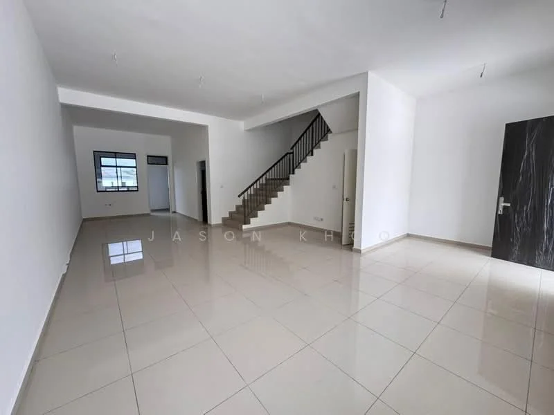 Living features: white painted walls, polished ceramic tile flooring, large windows, staircase with metal railing, neutral color scheme, recessed ceiling lights, open layout, door leading to another room; style: modern.