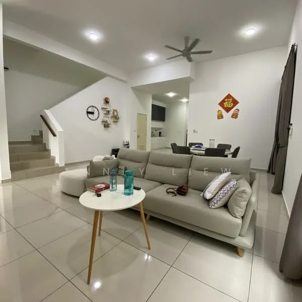 Living features: 3-seater fabric sofa in light grey, round coffee table with wooden legs, floor-to-ceiling windows with sheer curtains, ceiling fan, recessed downlights, white painted walls, tile flooring, decorative wall art, staircase leading to upper floor, dining area visible in background, open layout; style: modern.
