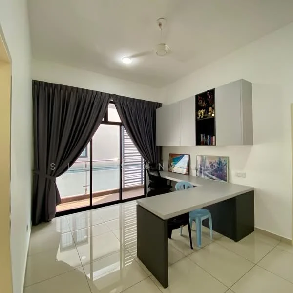 Study features: white painted walls, glossy tile flooring, ceiling fan, floor-to-ceiling windows, sliding glass door, dark wood desk, blue plastic chair, built-in cabinetry with grey finish, decorative items on shelves, curtains in dark grey; style: modern; view: garden.