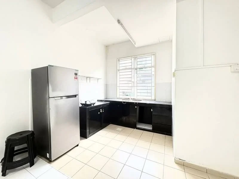 Kitchen features: black cabinetry, white tiled backsplash, grey countertop, stainless-steel fridge, single-bowl stainless-steel sink, chrome pull-down faucet, window with horizontal slats, tile flooring, stool, wall-mounted light fixture; style: modern.