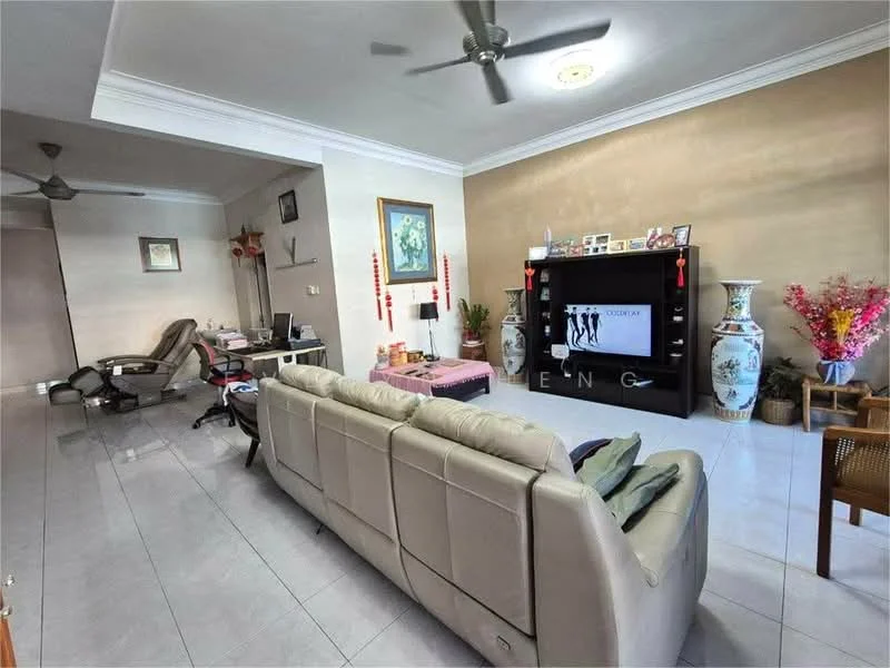 Living features: 3-seater leather sofa in light grey, coffee table, wall-mounted TV, TV console, decorative vases, framed artwork, area rug, ceiling fan, recessed downlights, white painted walls, glossy tile flooring, decorative plants; style: contemporary. Room features: recliner chair, side table, additional seating, wall with decorative elements.