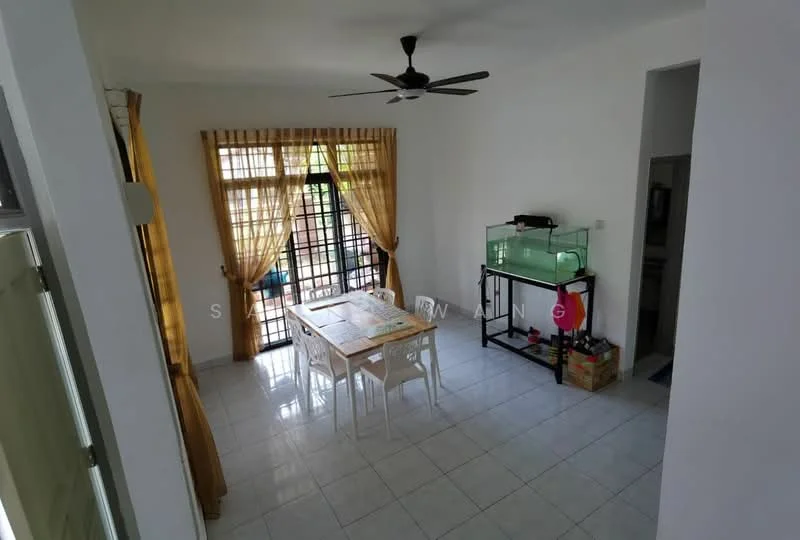 Dining features: white walls, white tiled flooring, 5-blade ceiling fan, dining table with four chairs, large window with sheer curtains, black metal fish tank stand, fish tank, sliding glass door, decorative items on floor, natural light from window; style: modern; view: garden.