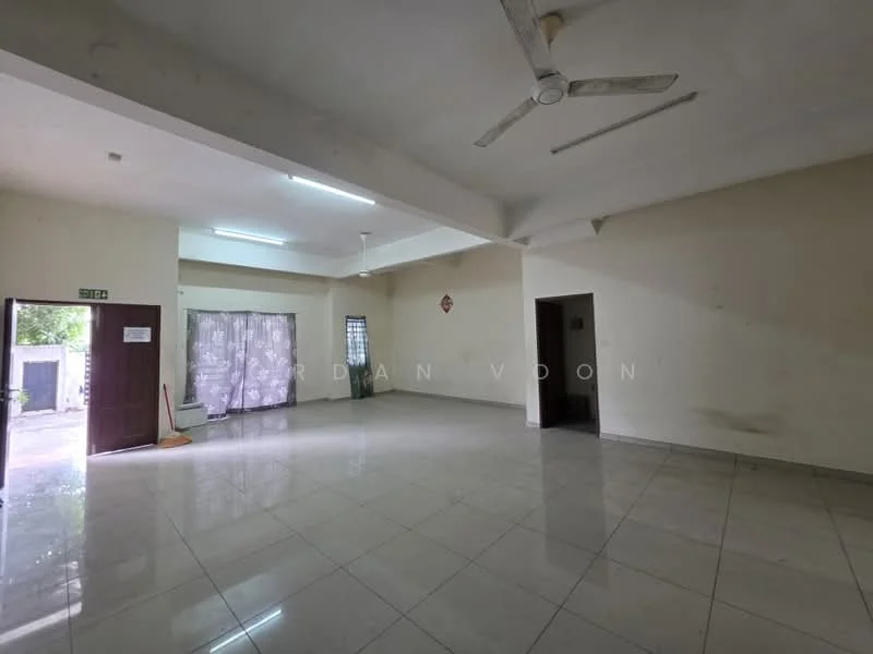 Room features: white painted walls, polished ceramic tile flooring, exposed ceiling with recessed lighting, ceiling fan, large windows, curtains, open layout, corner space; style: modern; view: garden.