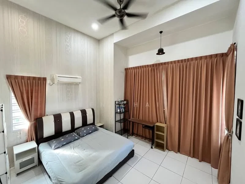 Bedroom features: queen-size bed, upholstered headboard, 2 bedside tables, wall-mounted air conditioning unit, 5-blade ceiling fan, curtains in light brown, white painted walls, tile flooring, study desk, bookshelf, decorative wall frames; style: minimalist.