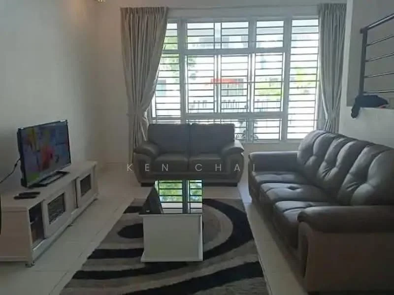 Living features: 3-seater leather sofa in brown, 2-seater leather sofa in brown, coffee table with white surface, TV console with storage, wall-mounted TV, area rug with circular pattern, floor-to-ceiling windows, sheer curtains, white painted walls, tile flooring, recessed downlights; style: modern.