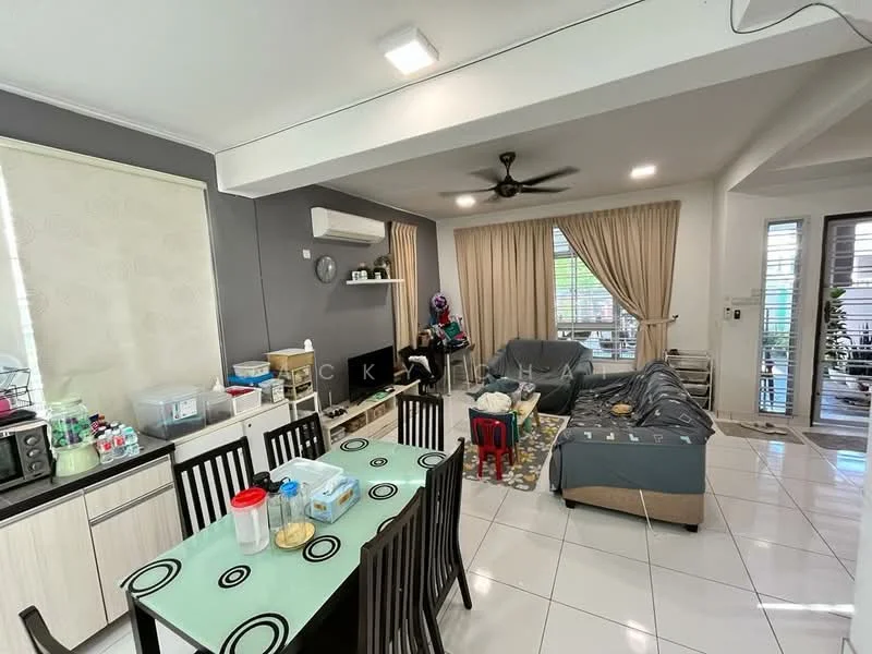Living features: white painted walls, grey accent wall, glossy white tile flooring, 5-blade ceiling fan with light, sofa in grey fabric, coffee table, area rug with geometric pattern, TV console, wall-mounted TV, curtains, sliding glass door, dining table with black chairs, kitchen cabinetry; style: modern; view: garden.