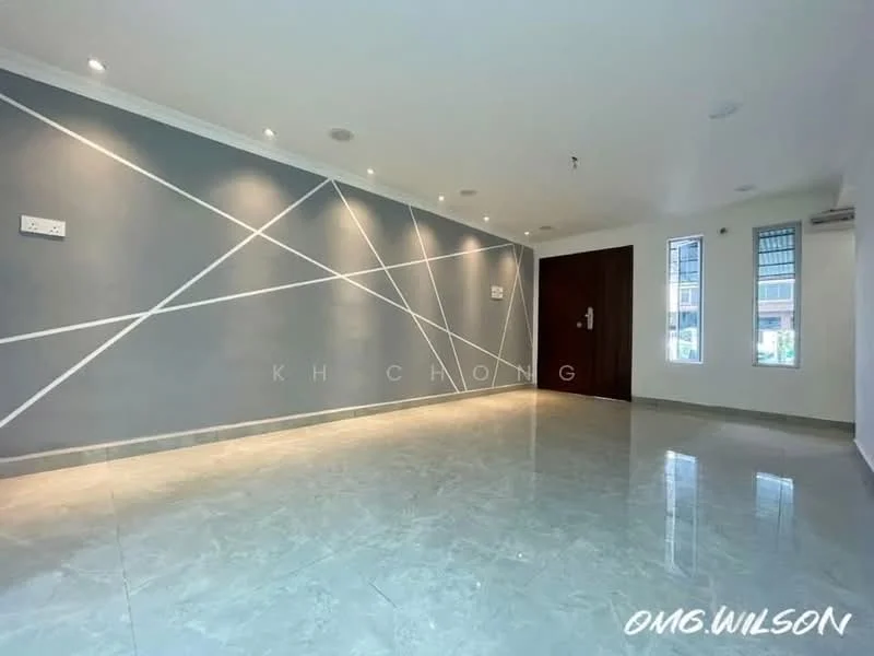 Room features: grey accent wall with geometric lines, white painted walls, polished marble flooring, recessed downlights, two small windows, main entrance door, air conditioning unit; style: modern.