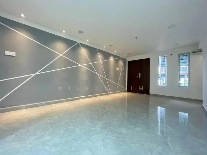 Room features: grey accent wall with geometric lines, white painted walls, polished marble flooring, recessed downlights, two small windows, wall-mounted split AC, main entrance door, no visible furniture; style: modern.