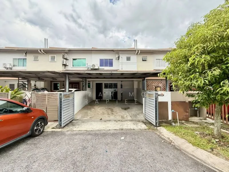Exterior type: linked terrace house; features: two-storey building, car porch with space for one vehicle, front garden area, manicured lawn, grey painted facade, visible air conditioning units, sliding gate, concrete driveway, surrounded by greenery, windows with white frames; style: modern.