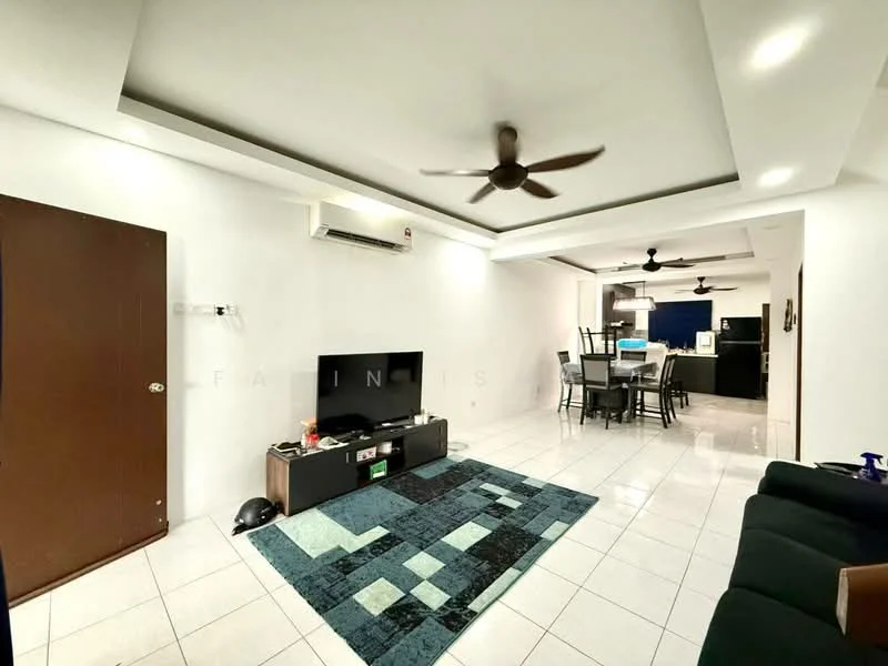 Living features: white painted walls, polished ceramic tile flooring, tray ceiling with recessed lighting, 5-blade ceiling fan, wall-mounted TV, TV console, area rug with geometric pattern, sofa in dark green, air conditioning unit, decorative wall clock; style: modern. Dining features: dining table with chairs, open layout to kitchen, light fixture above dining table; style: modern.