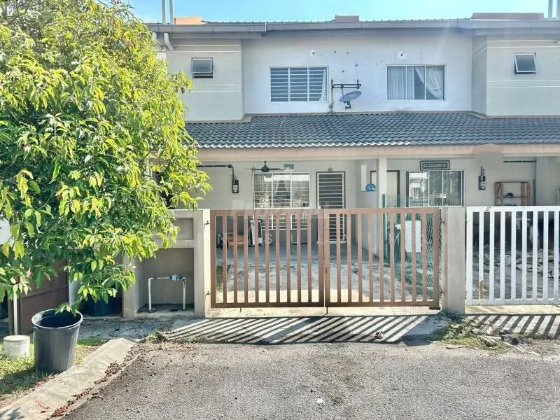 Exterior type: linked terrace house; features: wooden gate, concrete fence, manicured garden, paved driveway, front porch, two-storey structure, window grilles, outdoor lighting, air conditioning unit visible, roof overhang; style: modern.
