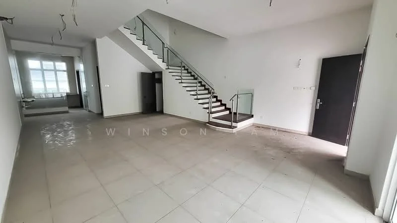Living features: white painted walls, grey tiled flooring, staircase with glass railing, large windows for natural light, open layout, ceiling lights, unfinished space, no visible furniture; style: modern. Kitchen features: white painted walls, grey tiled flooring, open layout to living area, no visible appliances, no cabinetry visible; style: modern.