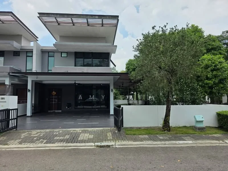 Exterior type: semi-detached house; features: modern facade with grey painted surface, flat roof, large windows, recessed balconies, manicured lawn, mature trees, stone-paved walkway, driveway with interlocking pavers, covered car porch, visible house number, gated entry; style: modern.