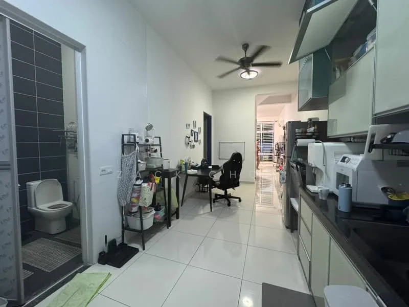 Kitchen features: white cabinets, black countertop, stainless-steel sink, chrome pull-down faucet, built-in microwave, freestanding refrigerator, 4-burner gas hob, wall-mounted split AC, tile flooring, ceiling fan, open shelving, decorative wall art, workspace with desk and chair; style: modern. Bathroom features: one-piece toilet, shower area with glass partition, tile flooring, wall-mounted mirror.