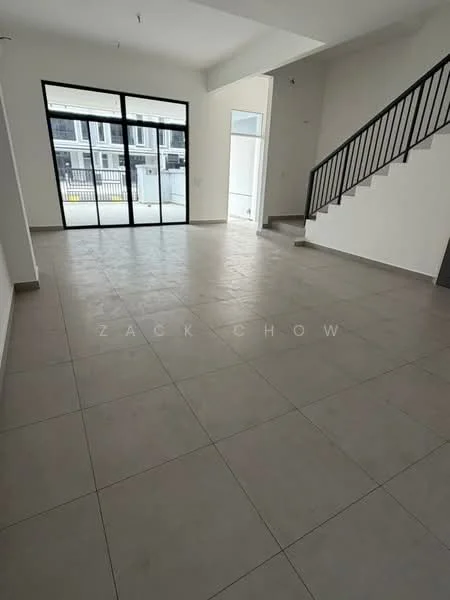 Room features: large floor-to-ceiling windows, grey tiled flooring, white painted walls, open layout, staircase with black railing, high ceiling, natural light, neutral color palette; style: modern.