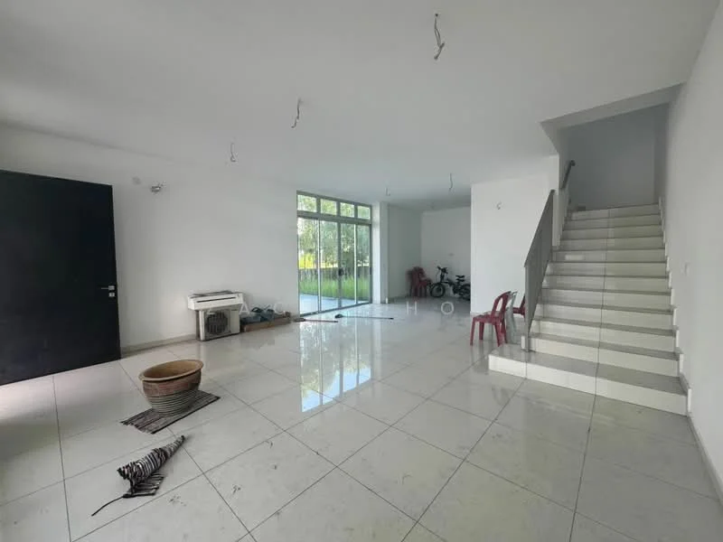 Living features: white painted walls, marble tile flooring, large floor-to-ceiling windows, 1 wall-mounted split AC, staircase with white steps, open layout, natural light, minimalist decor; style: modern; view: garden.