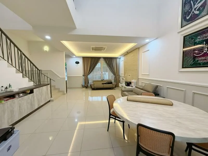 Living features: cream painted walls, white ceiling with recessed downlights, marble tile flooring, sofa in light grey fabric, coffee table, TV console, wall-mounted TV, decorative wall art, large windows with sheer curtains, air conditioning unit, area rug with geometric pattern; style: modern. Dining features: round marble-top dining table, 4 dining chairs with woven seats; style: modern.