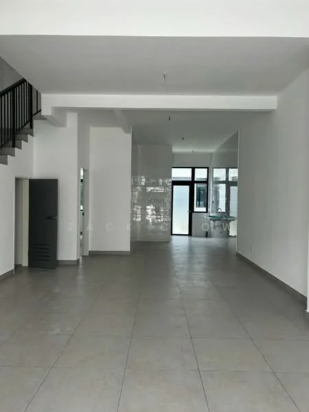 Room features: white painted walls, grey tiled flooring, large floor-to-ceiling windows, open layout, staircase leading to upper level, recessed ceiling lights, no visible furniture, neutral color scheme; style: modern.