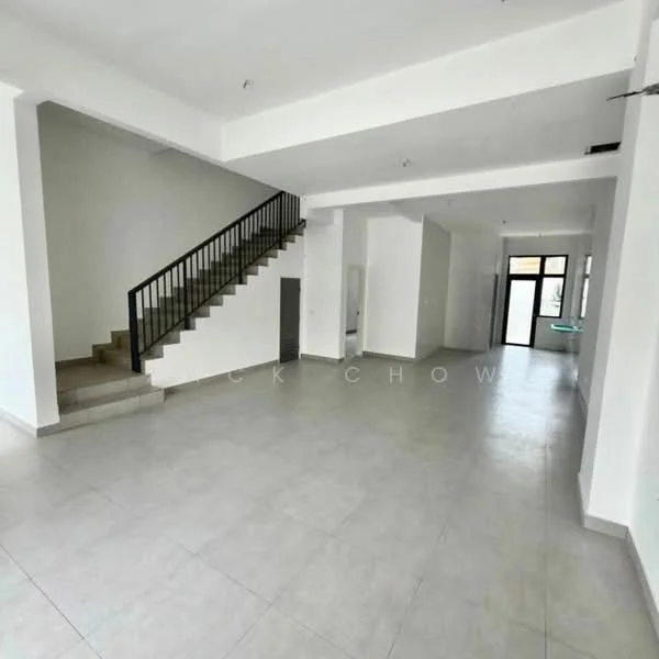 Room features: white painted walls, grey tiled flooring, open layout, staircase with black railing, large windows, high ceiling, recessed lighting, doorway leading to another room; style: modern.