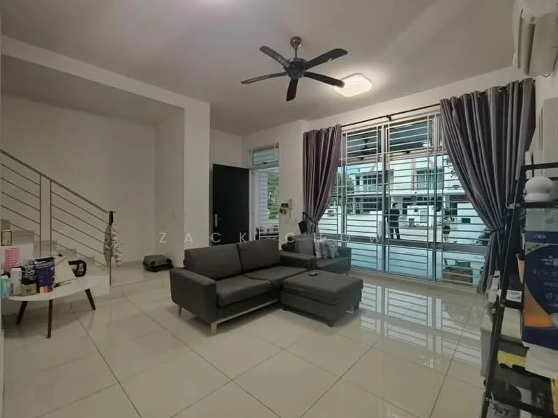 Living features: grey fabric sectional sofa, white walls, glossy ceramic tile flooring, 5-blade ceiling fan, large sliding glass door, floor-to-ceiling windows, dark curtains, decorative wall with railing, coffee table, wall-mounted TV, shelves with decorative items; style: modern; view: garden.