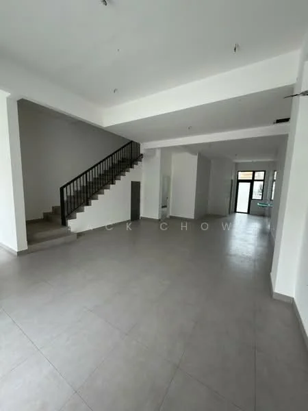 Room features: white painted walls, grey tiled flooring, staircase with black railing, large windows, open layout, high ceiling, recessed lighting, doorway leading outside; style: modern.