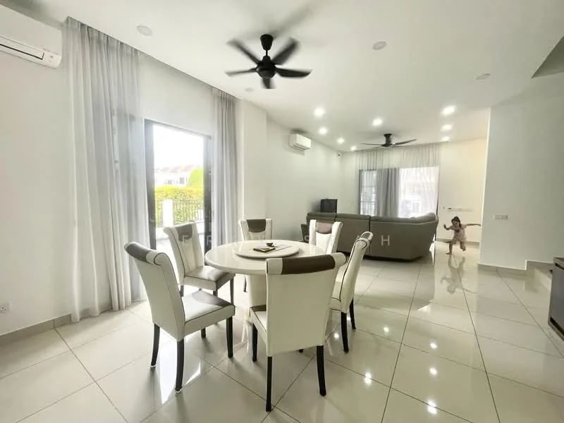 Dining features: round dining table, upholstered dining chairs, white walls, grey accent wall, large sliding glass door, floor-to-ceiling windows, marble tile flooring, 5-blade ceiling fan, recessed downlights, curtains, sofa in grey, TV console, living area visible; style: modern; view: garden.
