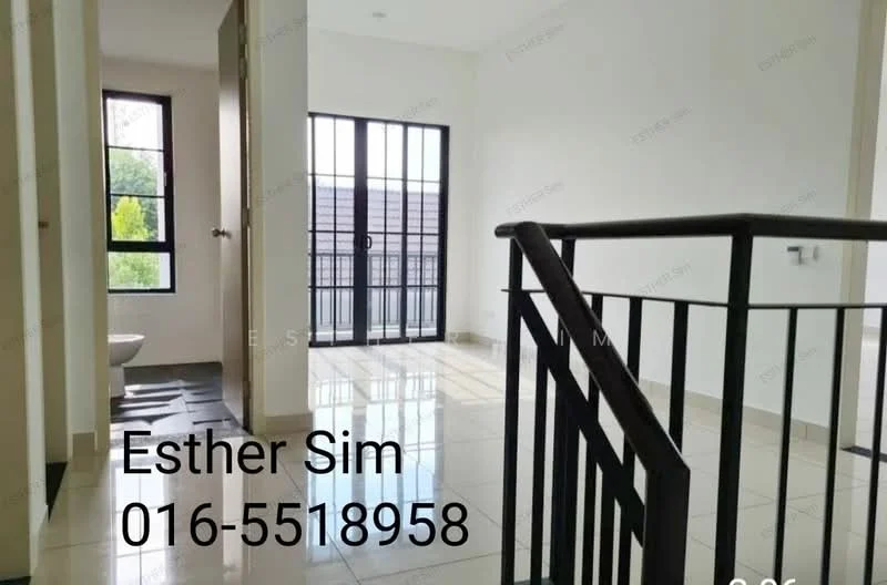 Room features: white painted walls, glazed tile flooring, black metal railing, large windows with black frames, natural light from windows, door leading to another room, toilet visible in corner; style: modern; view: garden.