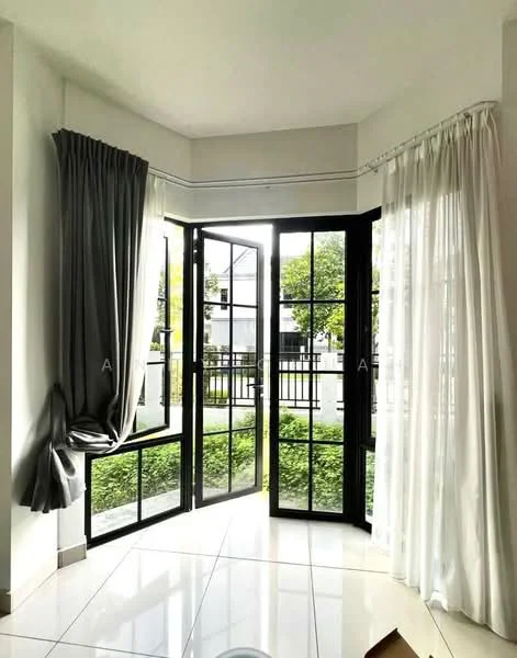 Room features: floor-to-ceiling windows, black framed windows, white sheer curtains, grey curtains, white walls, tile flooring, corner window design, view of greenery outside; style: modern; view: garden.