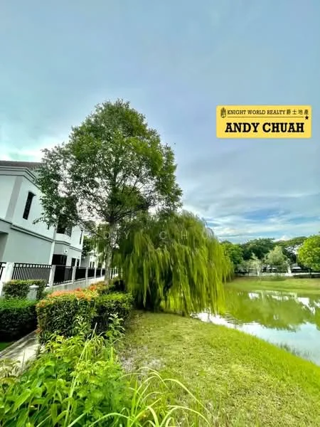 Exterior features: manicured lawn, mature trees, landscaped garden, pond or lake, fence, pathway, flower beds.