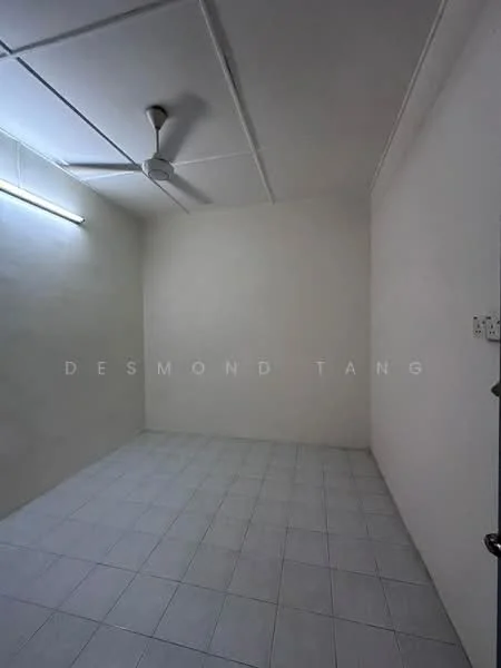 Room features: white painted walls, plain ceiling, ceiling fan, white floor tiles, single fluorescent light fixture; style: minimalist.