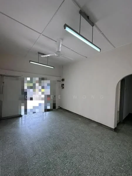 Room features: white painted walls, grey tiled flooring, 2 ceiling lights, 1 ceiling fan, arched doorway, large window, open layout; style: minimalist.