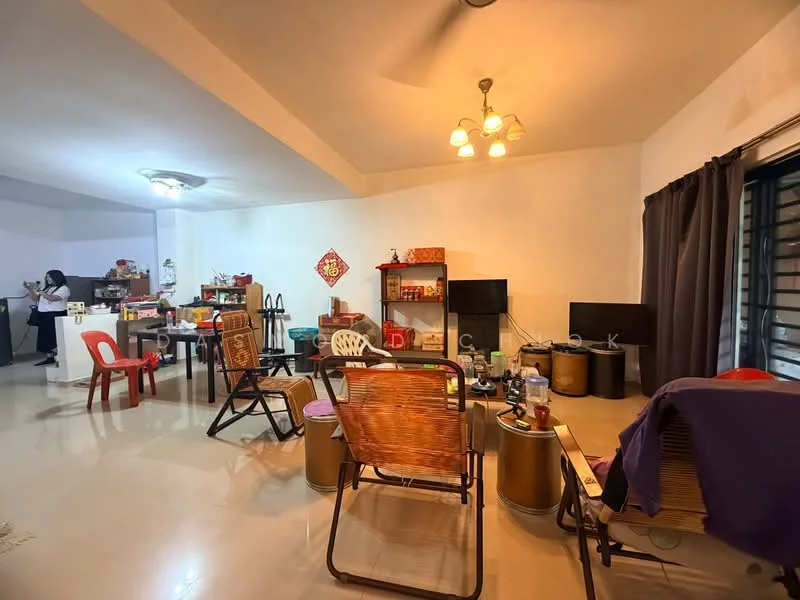 Living features: cream painted walls, polished tile flooring, ceiling fan with light, recessed ceiling lights, two wall-mounted TVs, wooden dining table, plastic chairs, rattan chairs, decorative wall art, curtains, open layout to kitchen, various decorative items on shelves; style: modern.