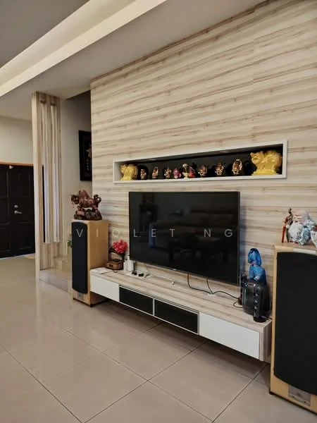 Living features: flat-screen TV on media console, wood panel accent wall, ceramic tile flooring, decorative figurines on shelves, built-in shelving above TV, two tall speakers, neutral wall color, recessed ceiling lights; style: modern.