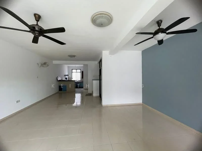 Living features: white painted walls, light grey accent wall, ceramic tile flooring, 2 ceiling fans, recessed downlights, open layout, large windows, kitchen area visible in background; style: modern.