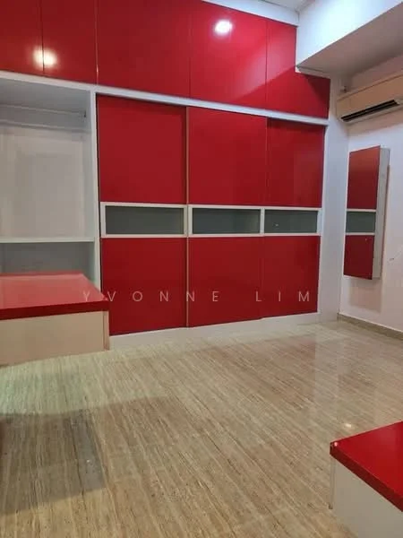 Room features: red high-gloss cabinetry, white glass panel inserts, wooden flooring, recessed lighting, air conditioning unit, built-in shelving, flat-panel wall design, open floor space; style: modern.