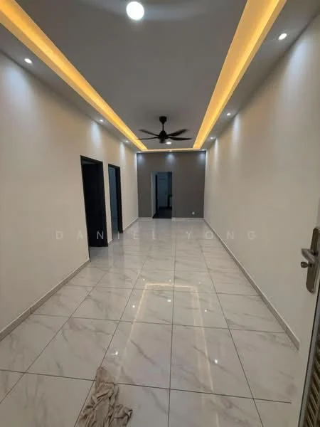 Room features: white painted walls, marble tile flooring, recessed LED downlights, 5-blade ceiling fan, crown moulding, neutral color scheme, wide hallway, door frames, smooth ceiling; style: modern.