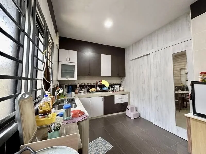 Kitchen features: brown cabinetry, white upper cabinets, stainless-steel sink, chrome pull-down faucet, granite countertop, ceramic tile backsplash, built-in oven, freestanding range oven, microwave, kettle, dishwasher, tile flooring, window with metal grille, recessed lighting; style: modern.