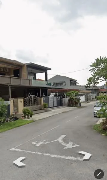 Exterior type: linked terrace house; features: two-storey building, balconies on upper floor, driveway with interlocking pavers, manicured landscaping, surrounded by greenery, street view, modern facade, gated entry, car porch, visible neighboring houses; style: modern.